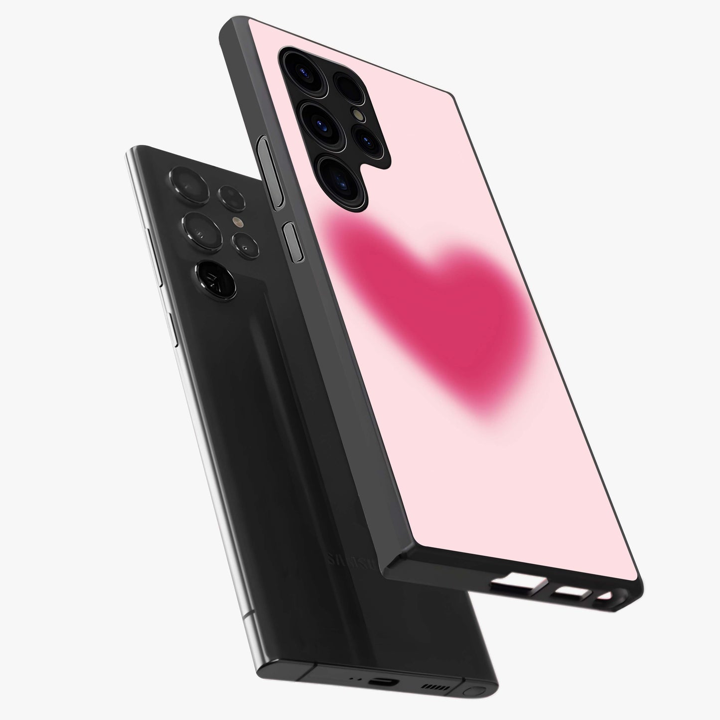 Pink Aura Heart Glass Case displayed in angled mockup highlighting vibrant pink heart design with dreamy aura aesthetic.