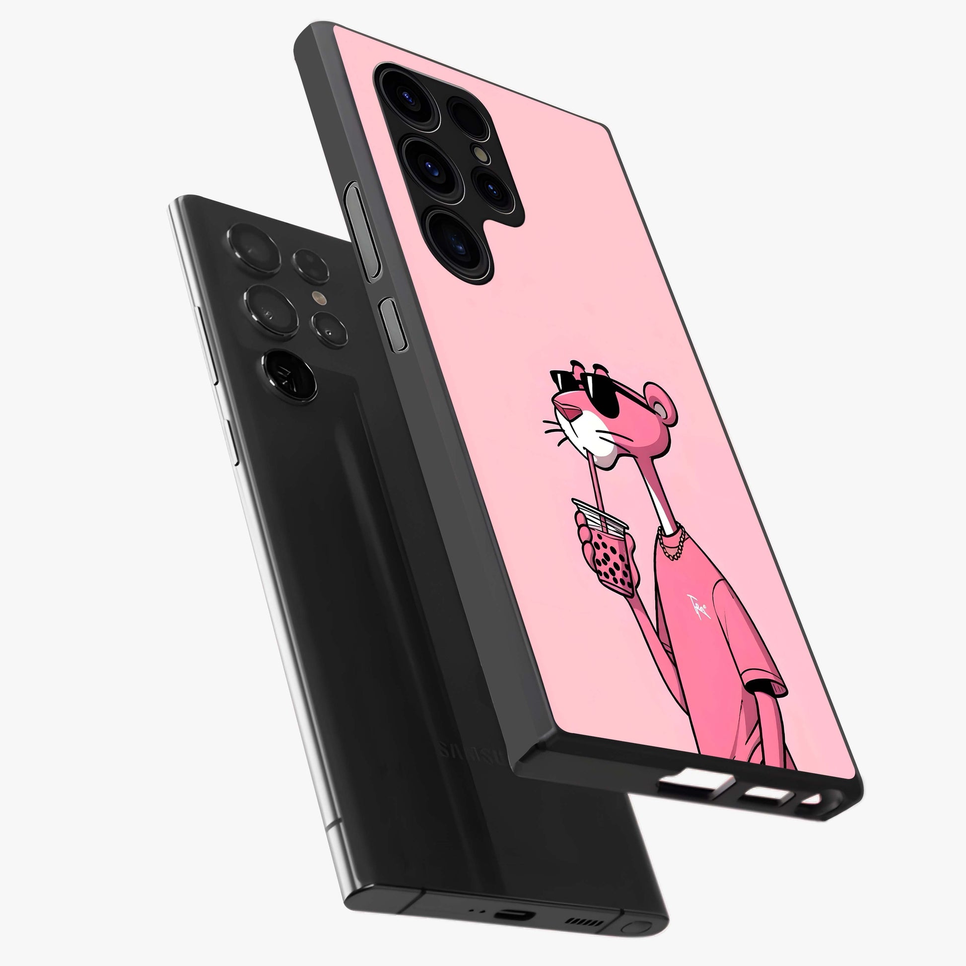 Pink Panther Glass Case displayed in angled mockup highlighting playful cartoon character design with vibrant pink aesthetic.