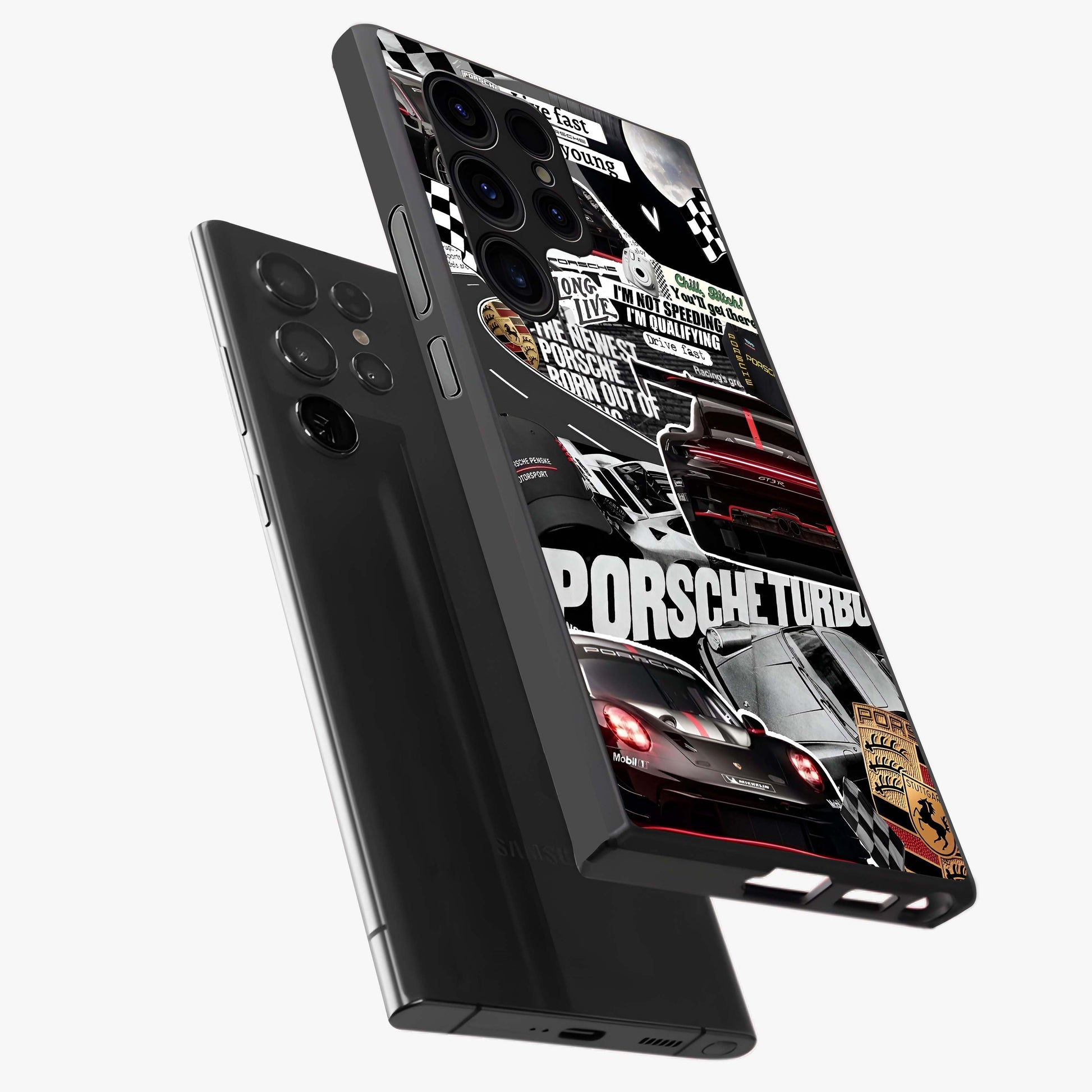 Porsche Racing Collage Glass Case displayed in angled mockup highlighting dynamic automotive design with bold racing aesthetic.