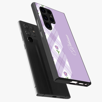 Purple Diamond Floral Glass Case displayed in angled mockup highlighting elegant purple flower design with decorative pattern.