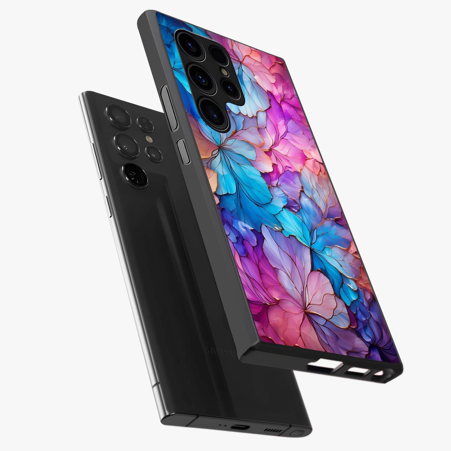 Radiant Floral Whirl Glass Case displayed in angled mockup highlighting vibrant flower pattern with dynamic artistic aesthetic.