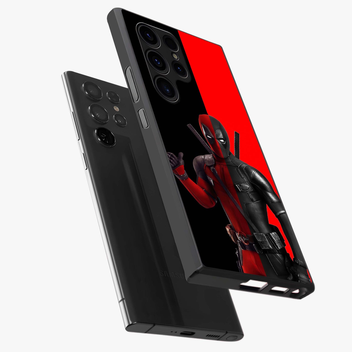 Red & Black Deadpool Theme Glass Case displayed in angled mockup highlighting vibrant superhero style illustration with action aesthetic.