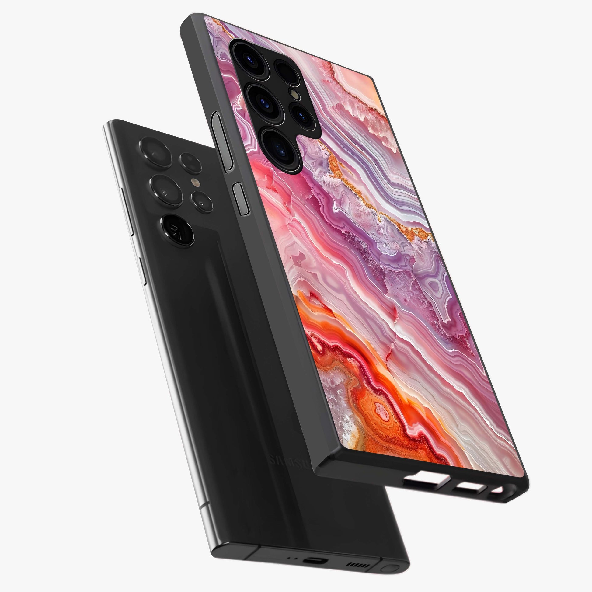 Rose Quartz Marble Glass Case displayed in angled mockup highlighting elegant marble pattern with soft aesthetic style.
