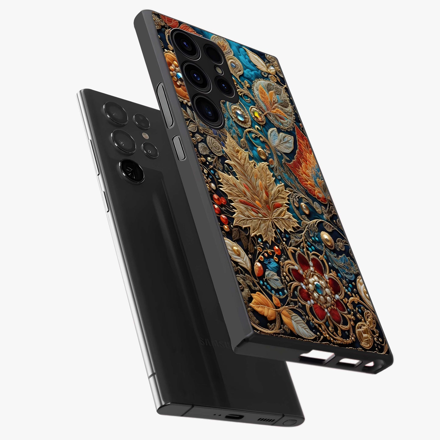 Royal Jewel Garden Glass Case displayed in angled mockup highlighting vibrant jewel inspired floral design with elegant aesthetic.