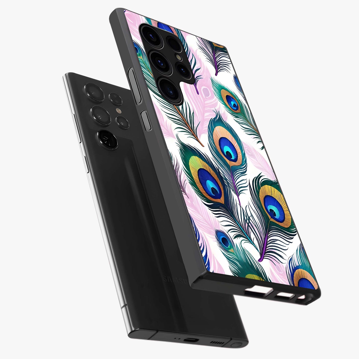 Royal Peacock Feathers Glass Case displayed in angled mockup highlighting vibrant feather pattern with regal aesthetic style.