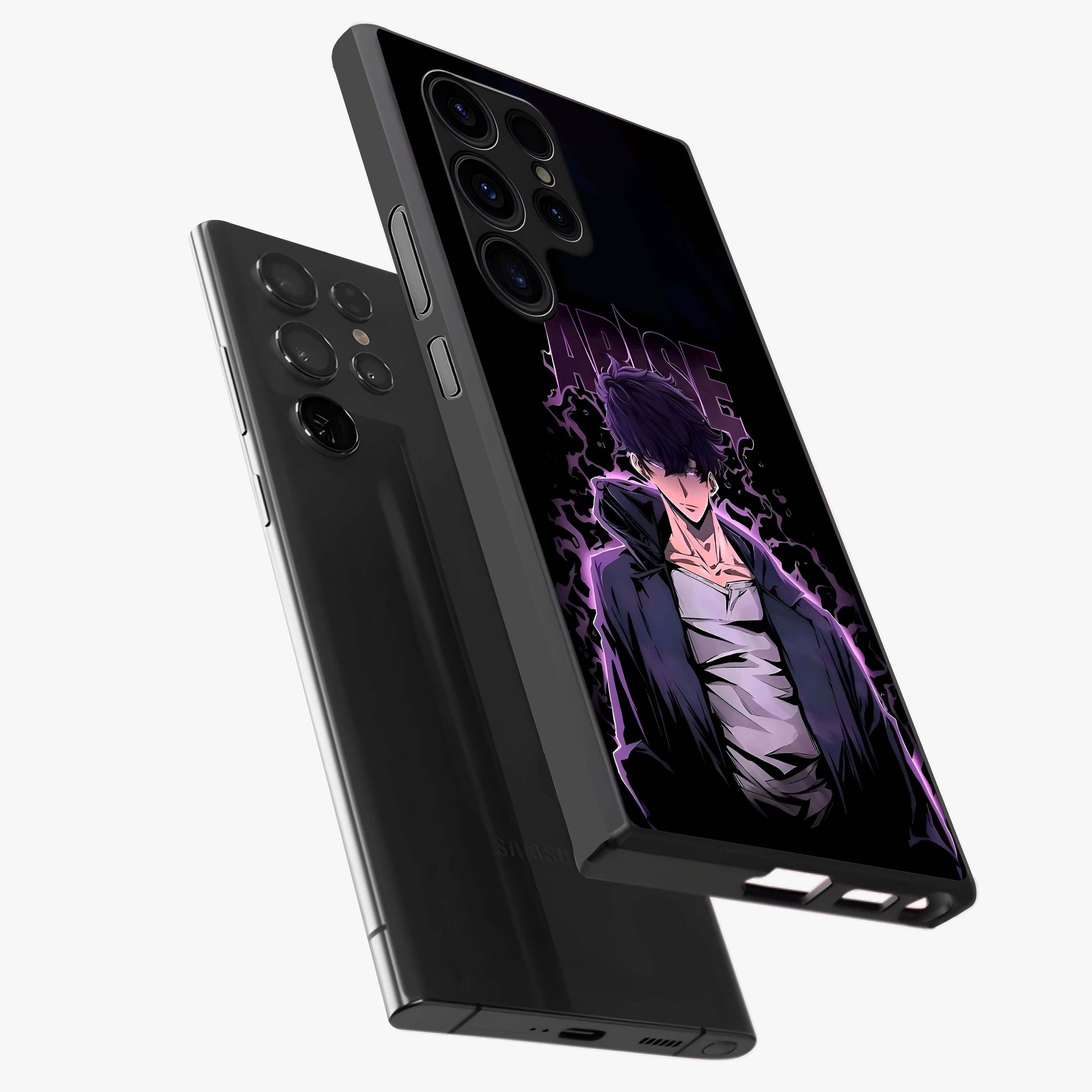 Shadow Monarch Awakening Glass Case displayed in angled mockup highlighting dramatic shadow warrior design with fantasy aesthetic.
