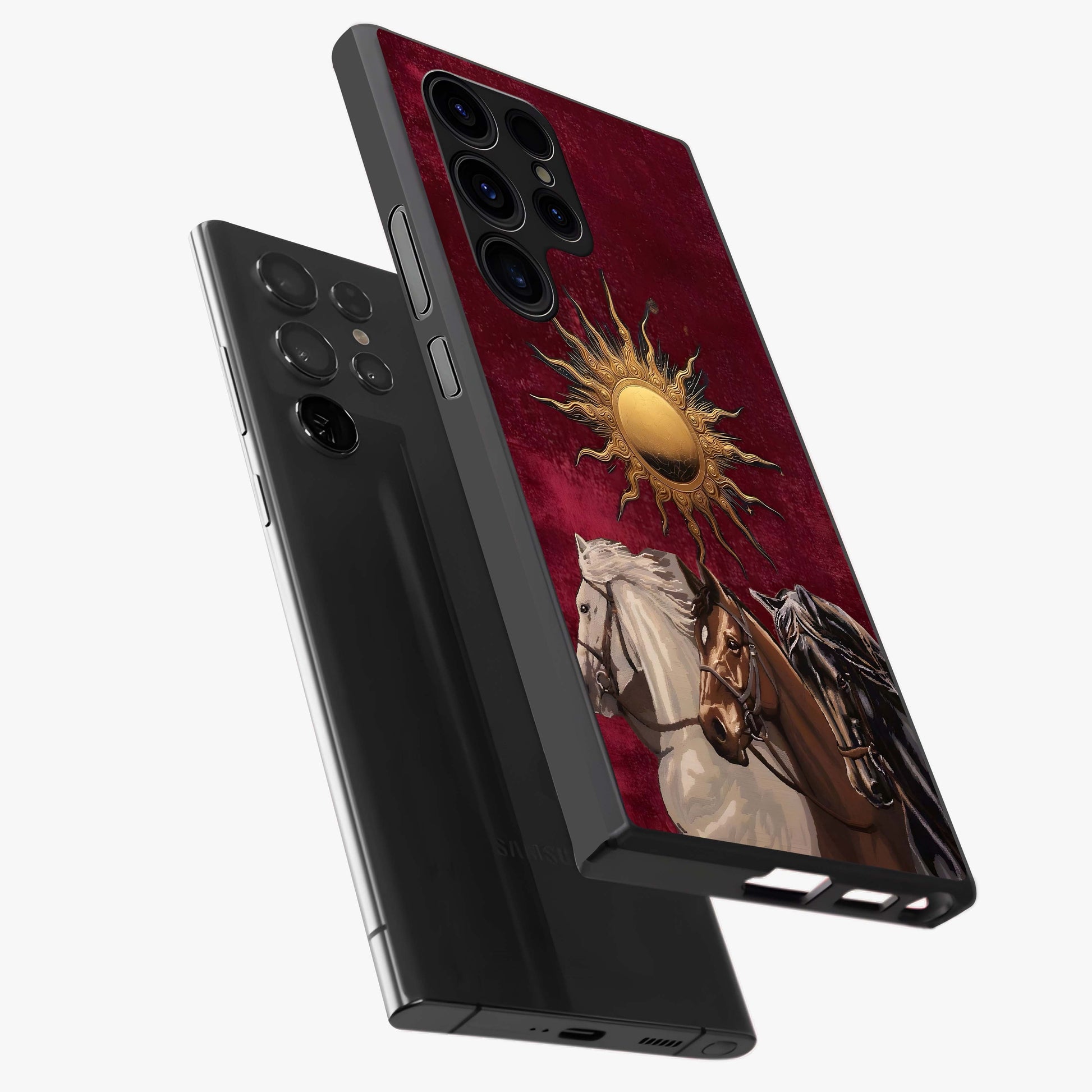 Solar Riders Glass Case displayed in angled mockup highlighting powerful rider illustration with radiant solar aesthetic.