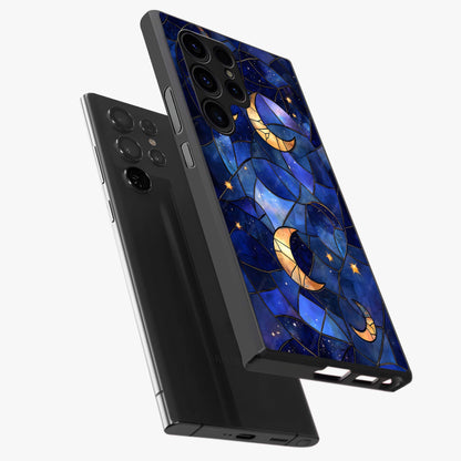 Starlit Sky Tapestry Glass Case displayed in angled mockup highlighting celestial night pattern with artistic aesthetic style.