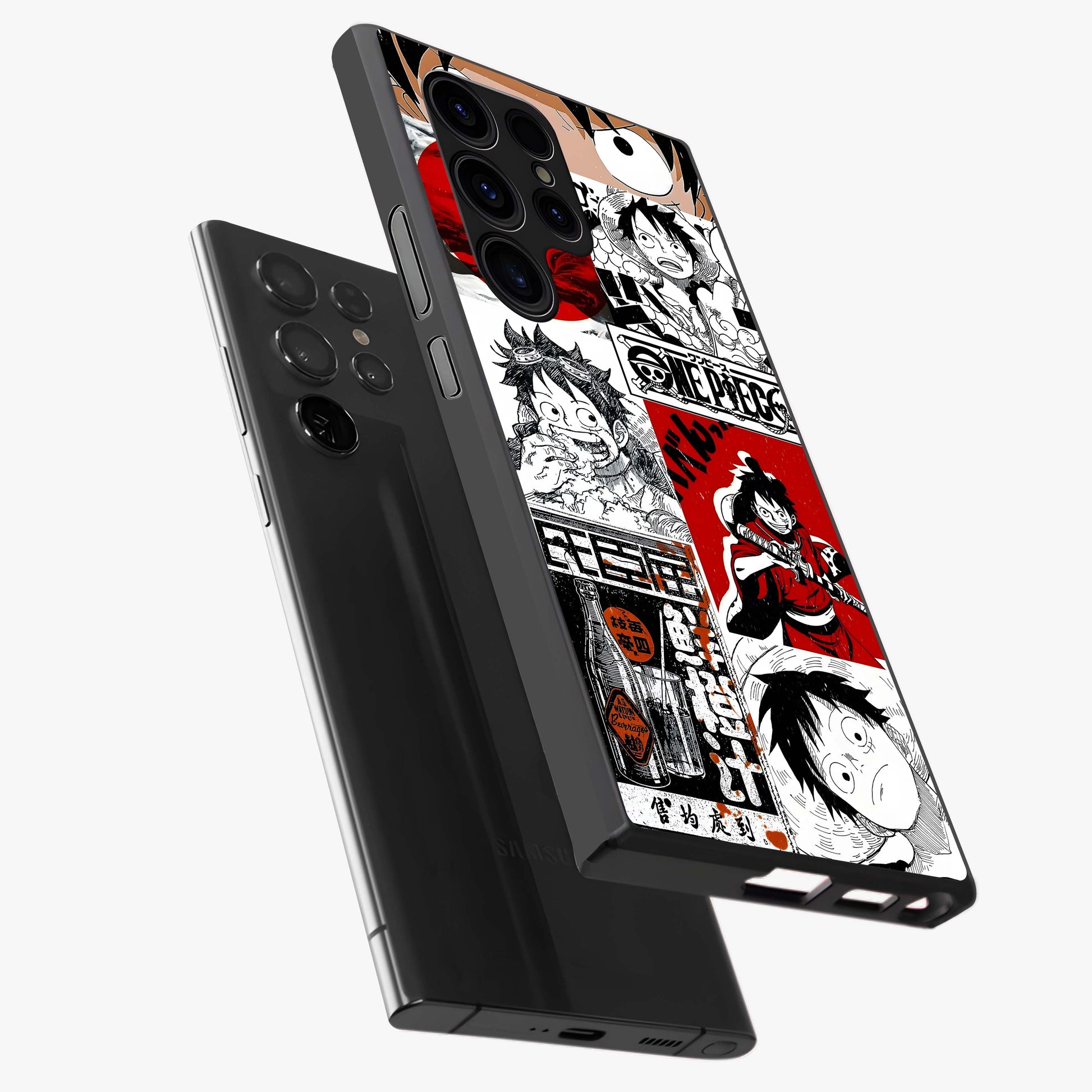 Strawhat Chaos Panels Glass Case displayed in angled mockup highlighting vibrant anime collage design with action aesthetic.