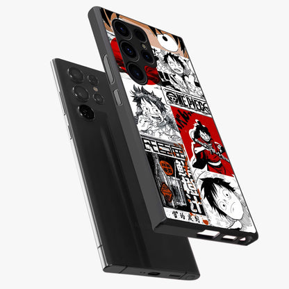 Strawhat Chaos Panels Glass Case displayed in angled mockup highlighting vibrant anime collage design with action aesthetic.