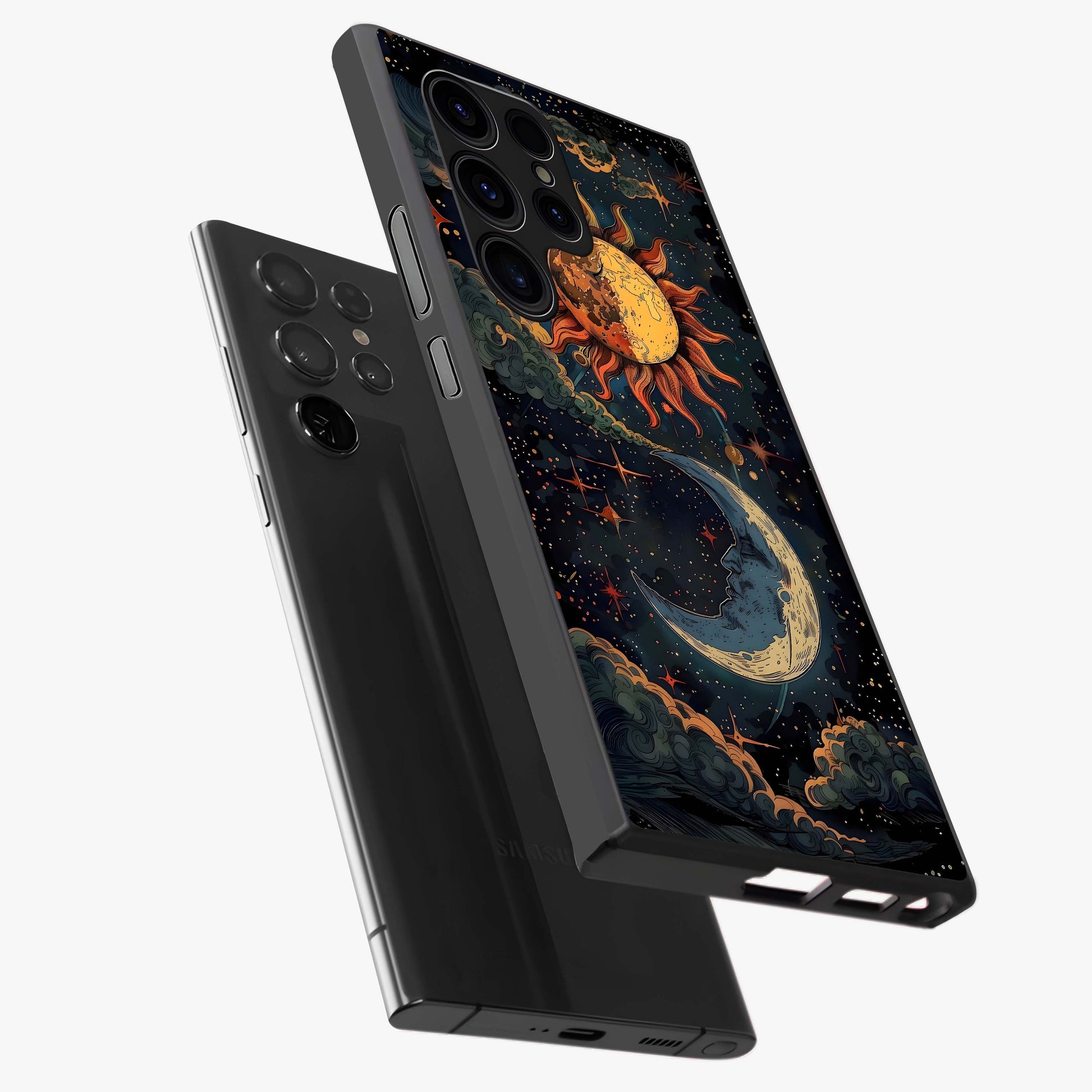 Sun And Moon Magic Design Glass Case displayed in angled mockup highlighting celestial design with magical cosmic aesthetic.