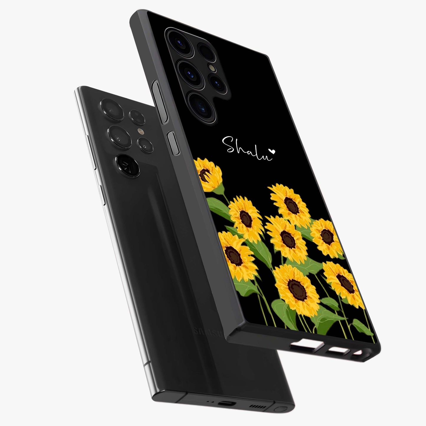 Sunflower Chic Mood Custom Name Glass Case displayed in angled mockup highlighting vibrant sunflower design with custom name feature.