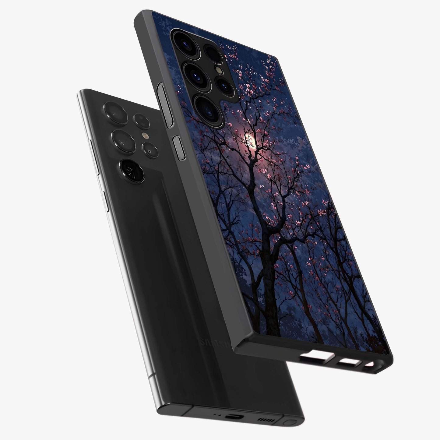 Twilight Sakura Serenade Glass Case displayed in angled mockup highlighting delicate sakura flower design with dreamy aesthetic.