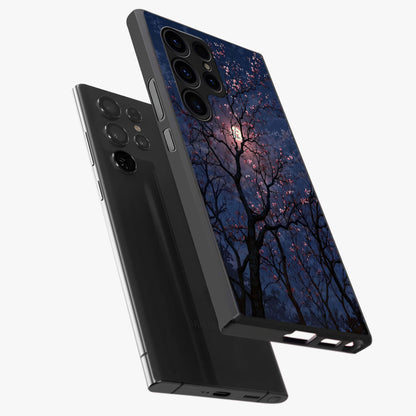 Twilight Sakura Serenade Glass Case displayed in angled mockup highlighting delicate sakura flower design with dreamy aesthetic.
