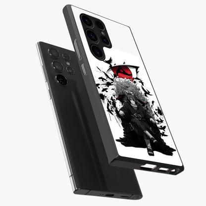 Uchiha Shadow Throne Glass Case displayed in angled mockup highlighting glowing aquatic design with celestial aesthetic.