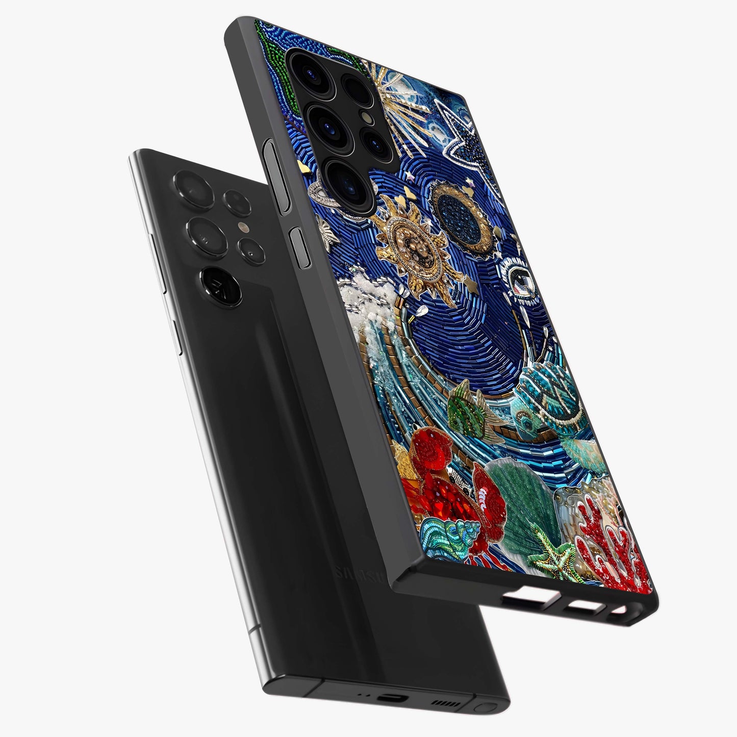 Universe Underwater Spark Glass Case displayed in angled mockup highlighting glowing aquatic design with celestial aesthetic.