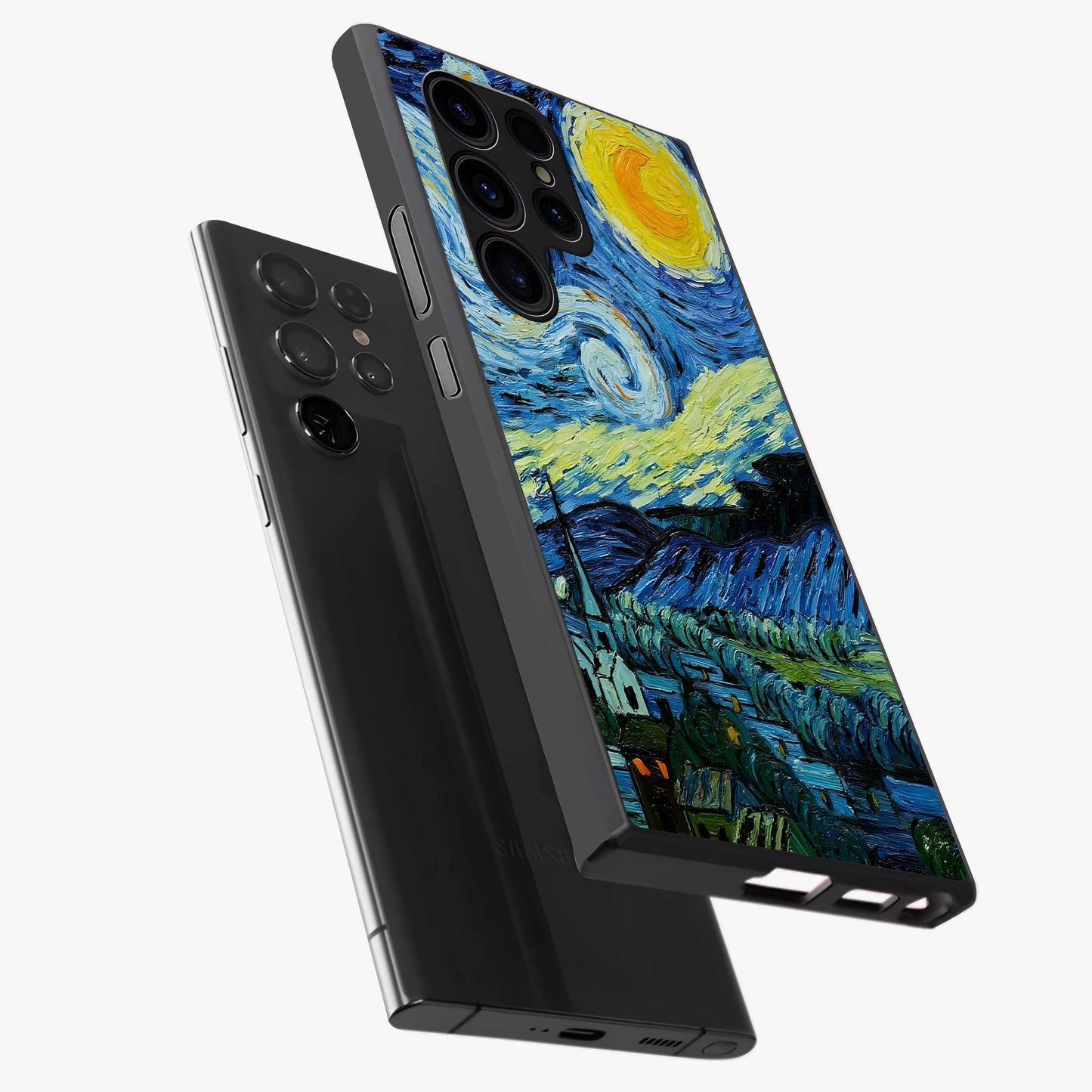 Van Gogh Art Glass Case displayed in angled mockup highlighting swirling brushstroke design with artistic aesthetic.