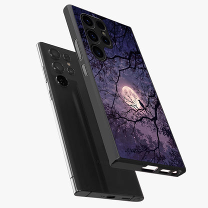 Whispering Moon Silence Glass Case displayed in angled mockup highlighting calm lunar design with dreamy night aesthetic.