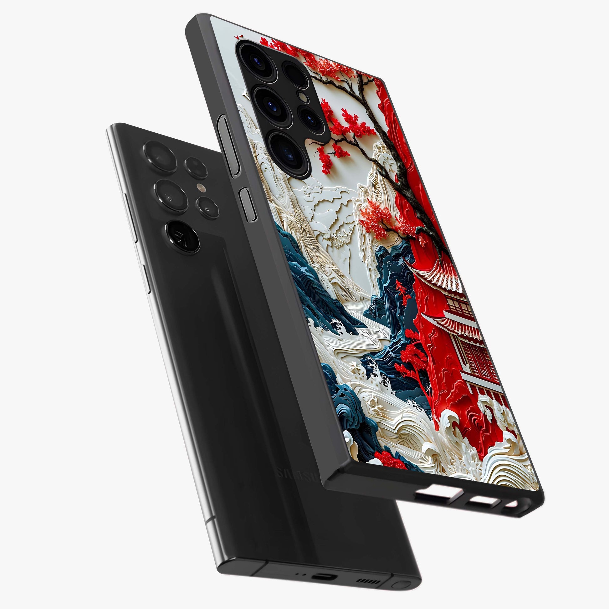 Whispers Of Sakura Waves Glass Case displayed in angled mockup highlighting flowing sakura design with soft floral aesthetic.