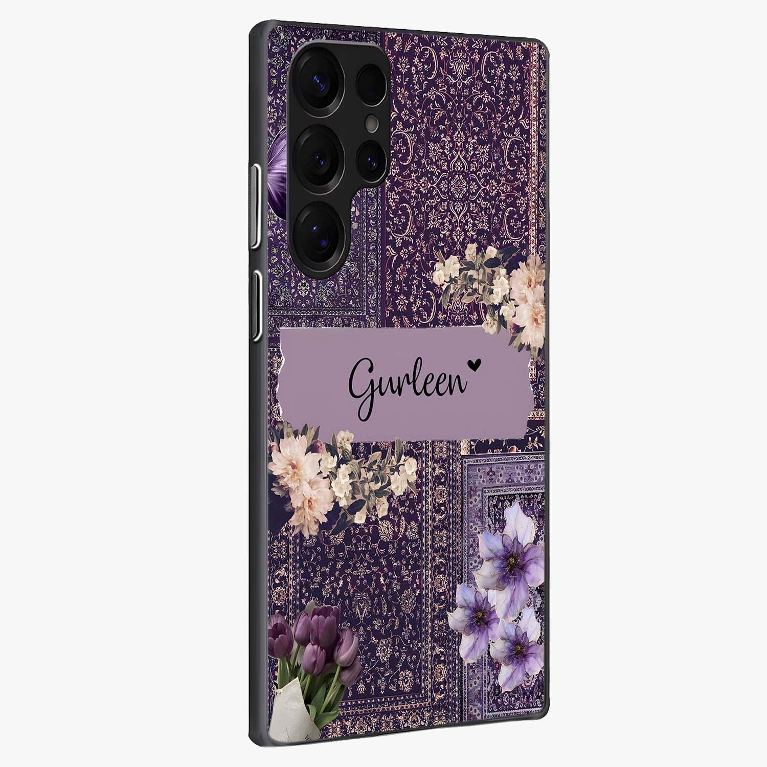Antique Floral Whisper Custom Name Glass Case upright view showcasing delicate floral artwork with custom name feature.