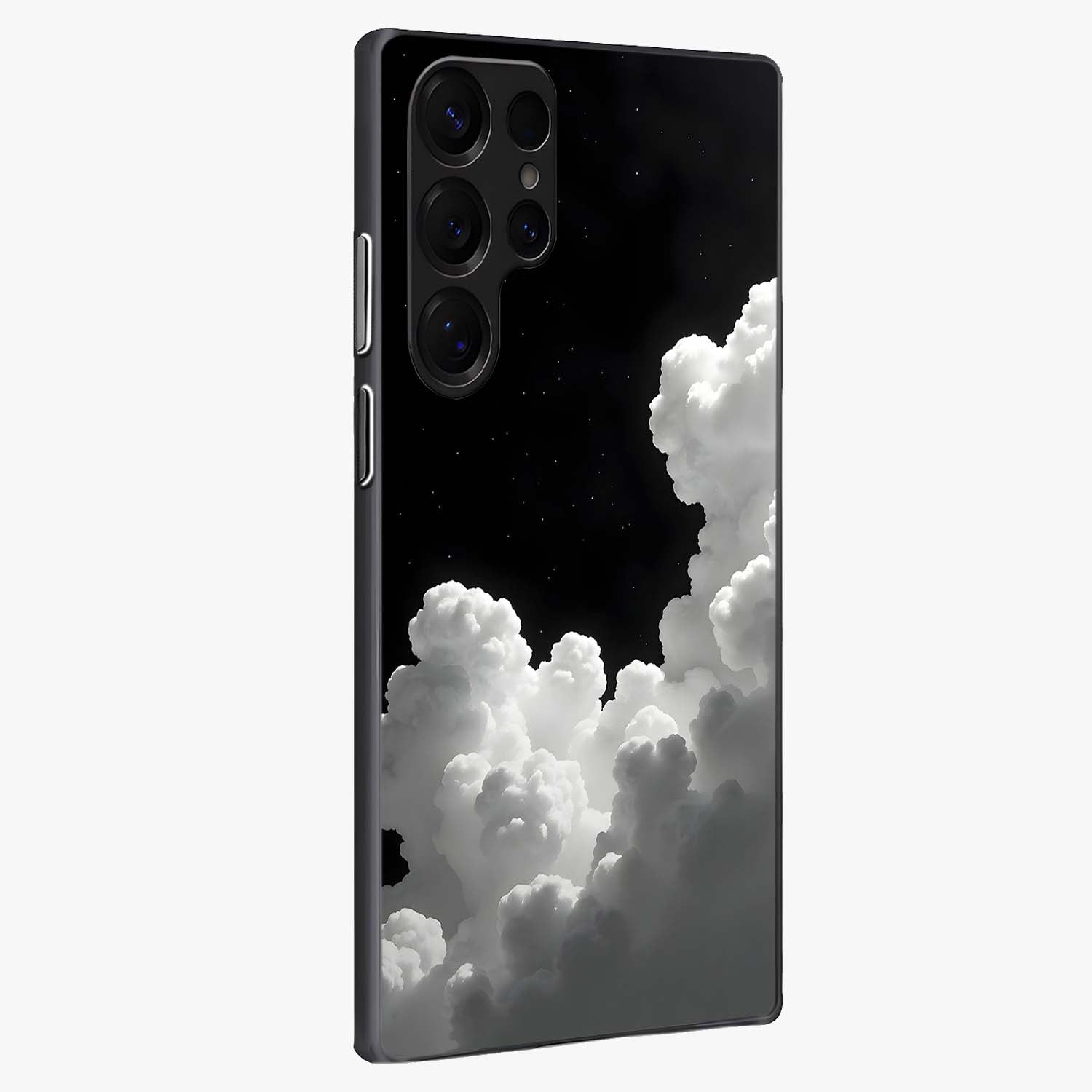 Black Background With White Cloud Glass Case upright view showcasing calm cloud aesthetic with modern minimal style.