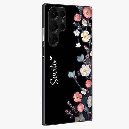 Black Elegance Floral Custom Name Glass Case upright view showcasing luxurious black floral design with personalized name detail.