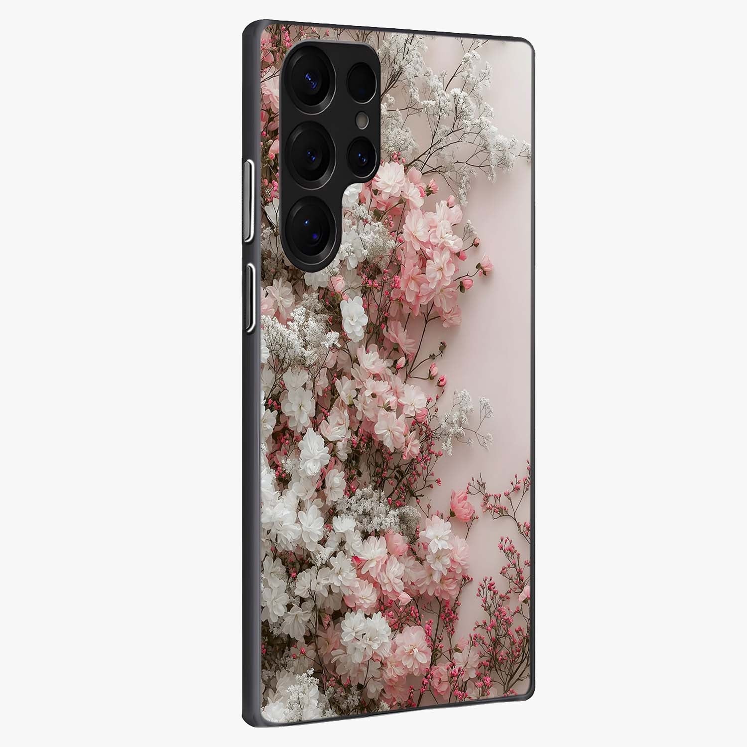 Blush Blossom Cloud Glass Case upright view showcasing calm floral cloud artwork with gentle dreamy theme.