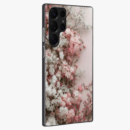 Blush Blossom Cloud Glass Case upright view showcasing calm floral cloud artwork with gentle dreamy theme.