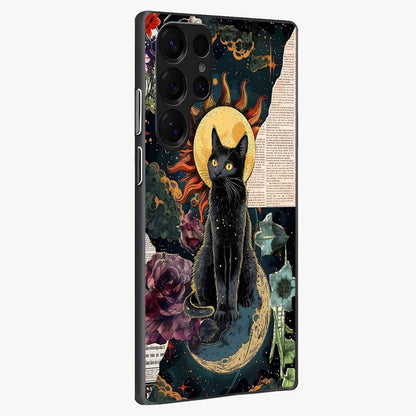 Celestial Black Cat Glass Case upright view showcasing magical black cat illustration with starry cosmic theme.