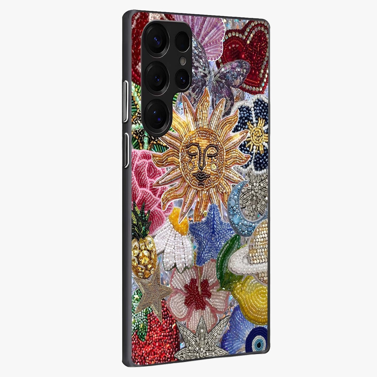 Celestial Floral and Playful Glass Case upright view showcasing whimsical floral artwork with cosmic aesthetic theme.