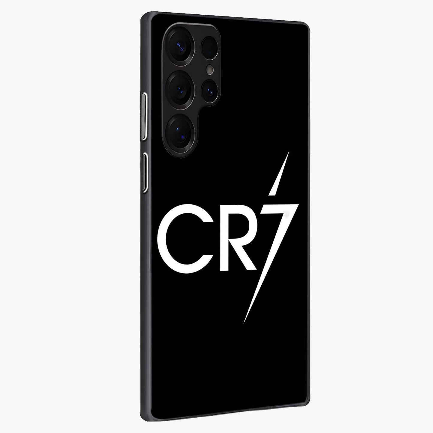 Cr7 Elite Strike Glass Case upright view showcasing energetic football inspired design with modern sports aesthetic.