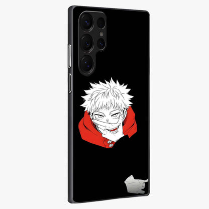 Crimson Chaos Smile Glass Case upright view showcasing expressive chaotic artwork with striking visual theme.