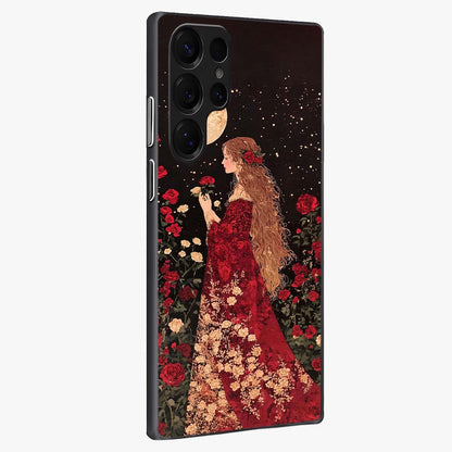 Crimson Dreams Glass Case upright view showcasing dreamy red toned artwork with modern aesthetic style.