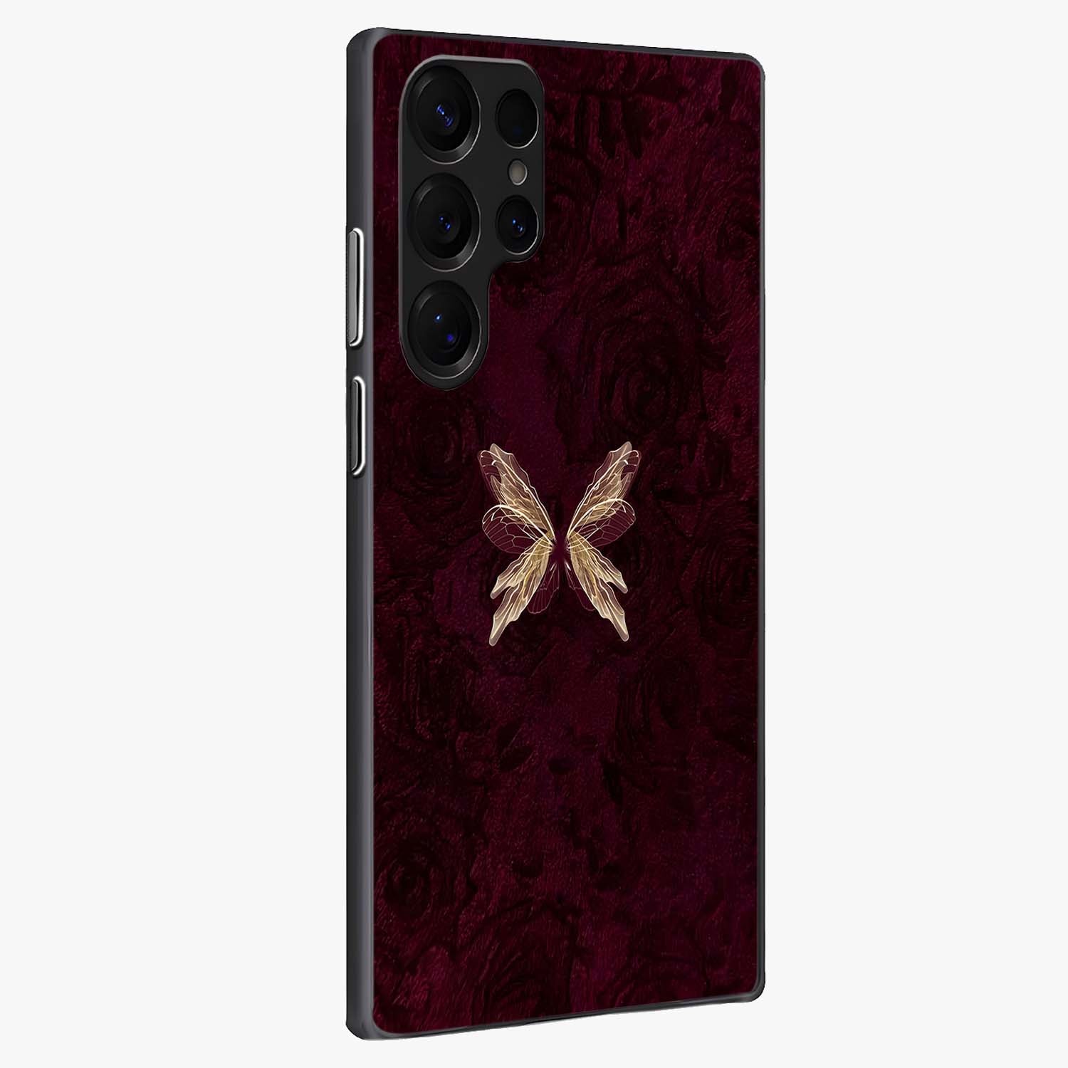 Crimson Fade Butterfly Glass Case upright view showcasing graceful butterfly artwork with soft crimson fade effect.