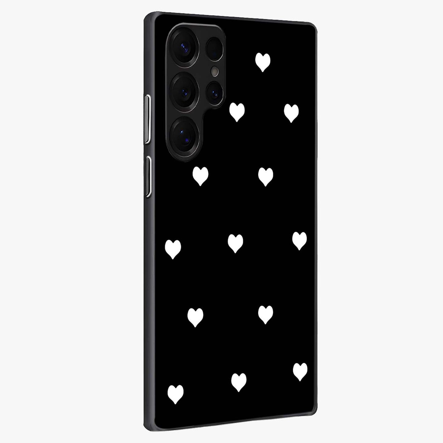 Cute And Simple White Hearts Glass Case upright view showcasing simple white hearts artwork with soft minimal theme.