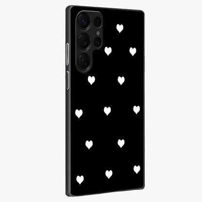 Cute And Simple White Hearts Glass Case upright view showcasing simple white hearts artwork with soft minimal theme.