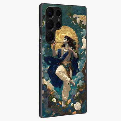 Divine Krishna Art Glass Case upright view showcasing divine Krishna artwork with sacred artistic theme.