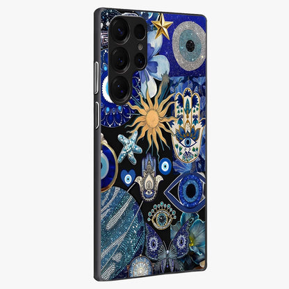 Evil Eye Charm Mix Glass Case upright view showcasing mystical evil eye pattern with vibrant decorative style.