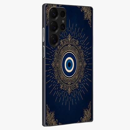 Golden Celestial Charm Glass Case upright view showcasing radiant celestial artwork with elegant golden theme.