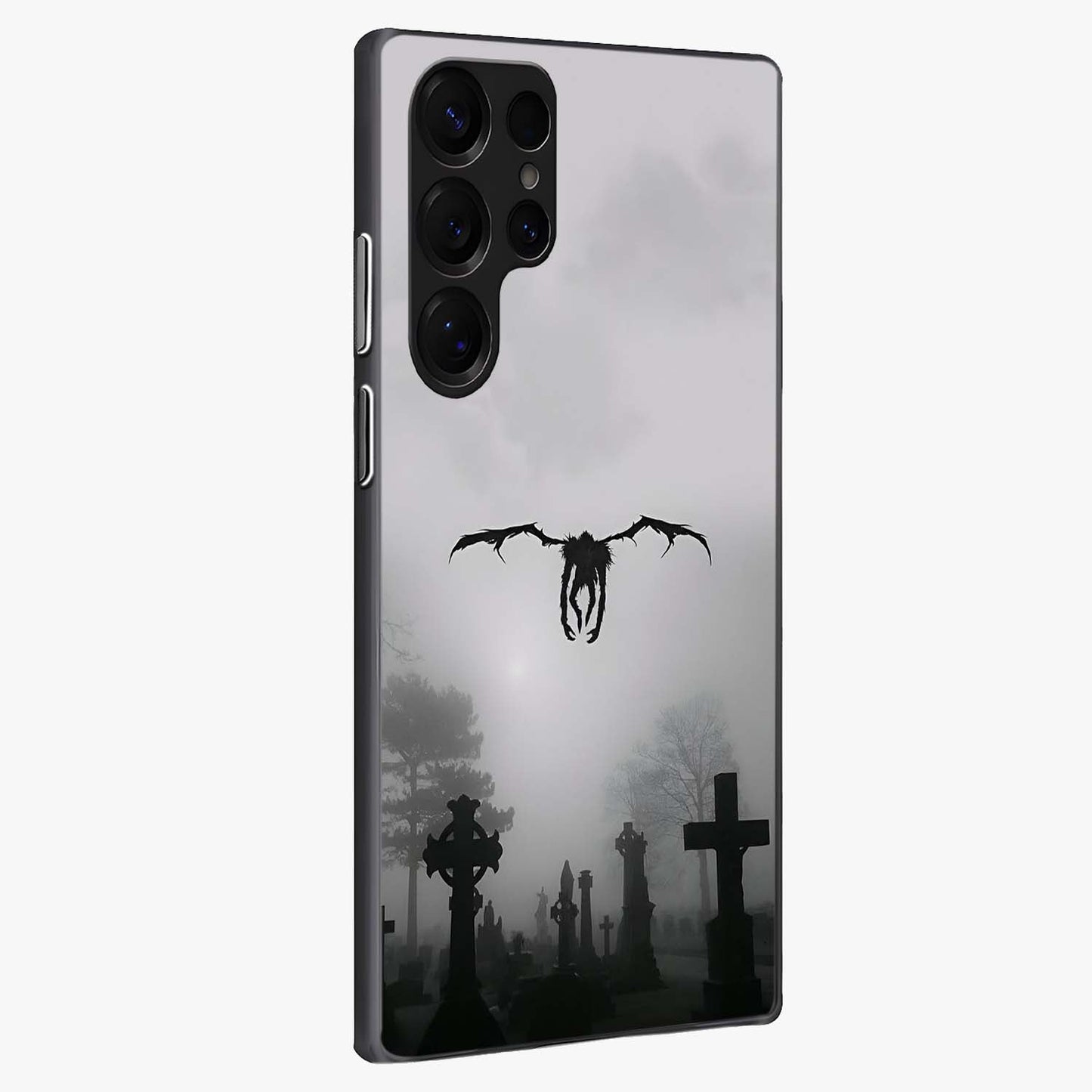 Graveyard Shadow Descent Glass Case upright view showcasing haunting graveyard artwork with dramatic dark theme.