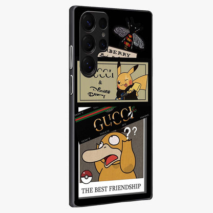 Gucci Play Mashup Glass Case upright view showcasing trendy luxury inspired artwork with modern fashion theme.