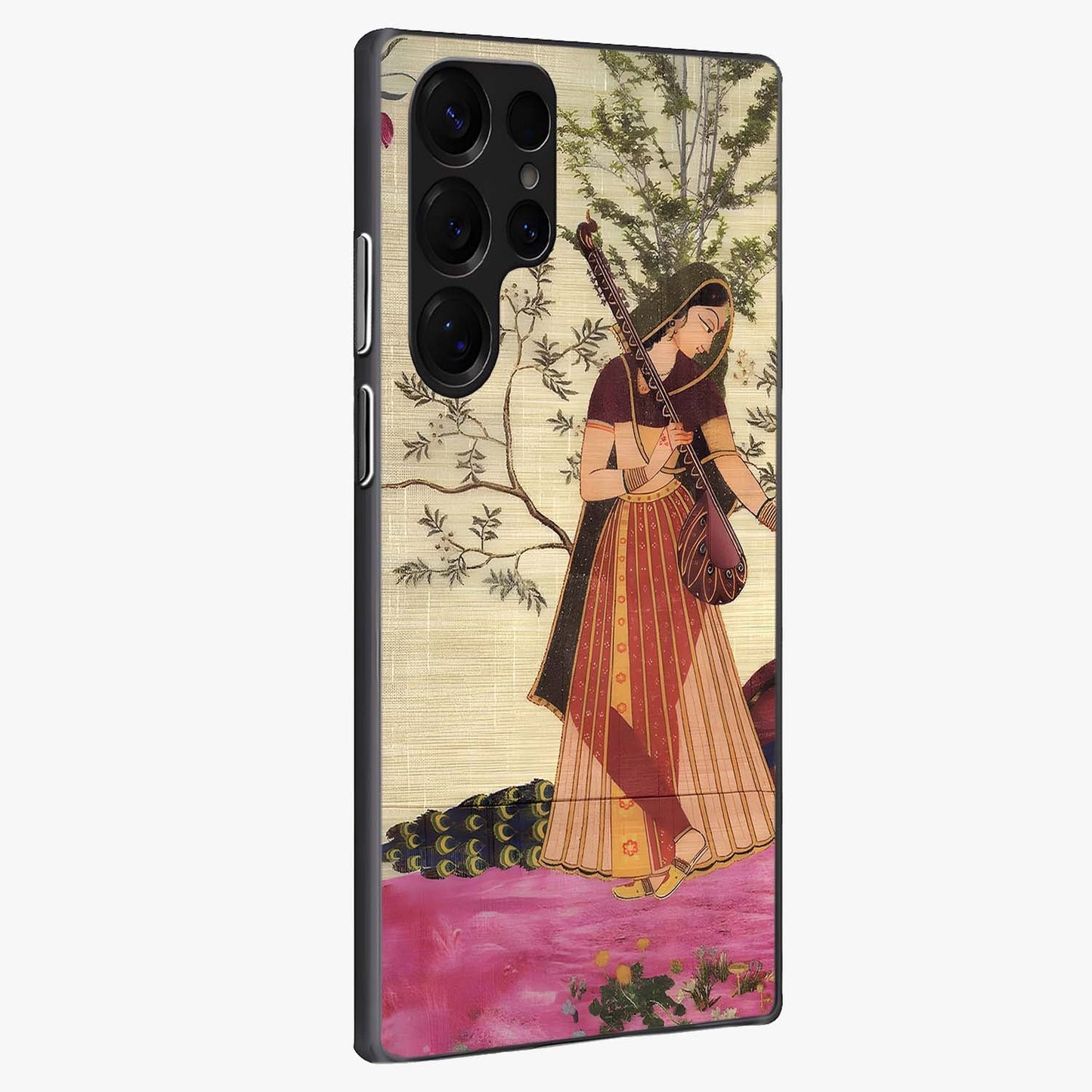 Lady With Veena Art Glass Case upright view showcasing classical veena artwork with traditional artistic theme.