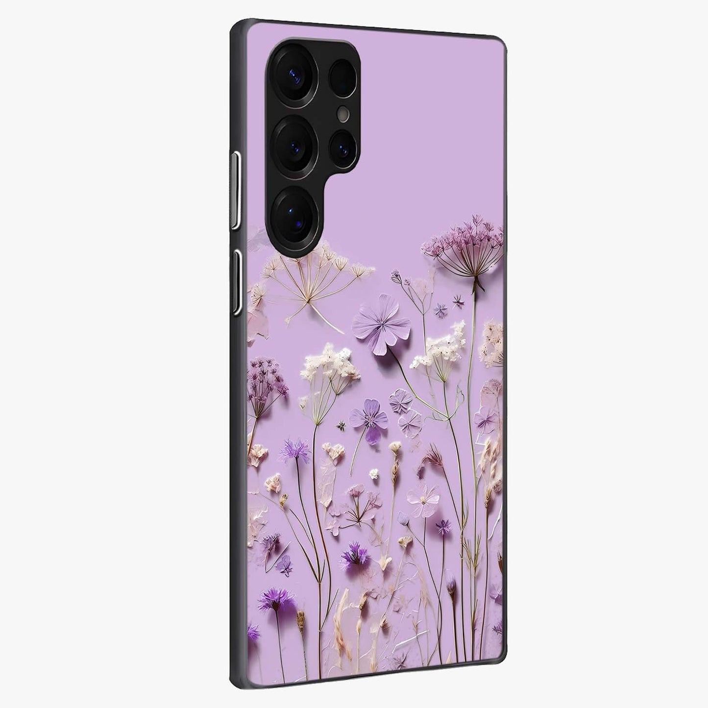 Lavender Blossom Dream Glass Case upright view showcasing delicate lavender blossom artwork with peaceful floral theme.