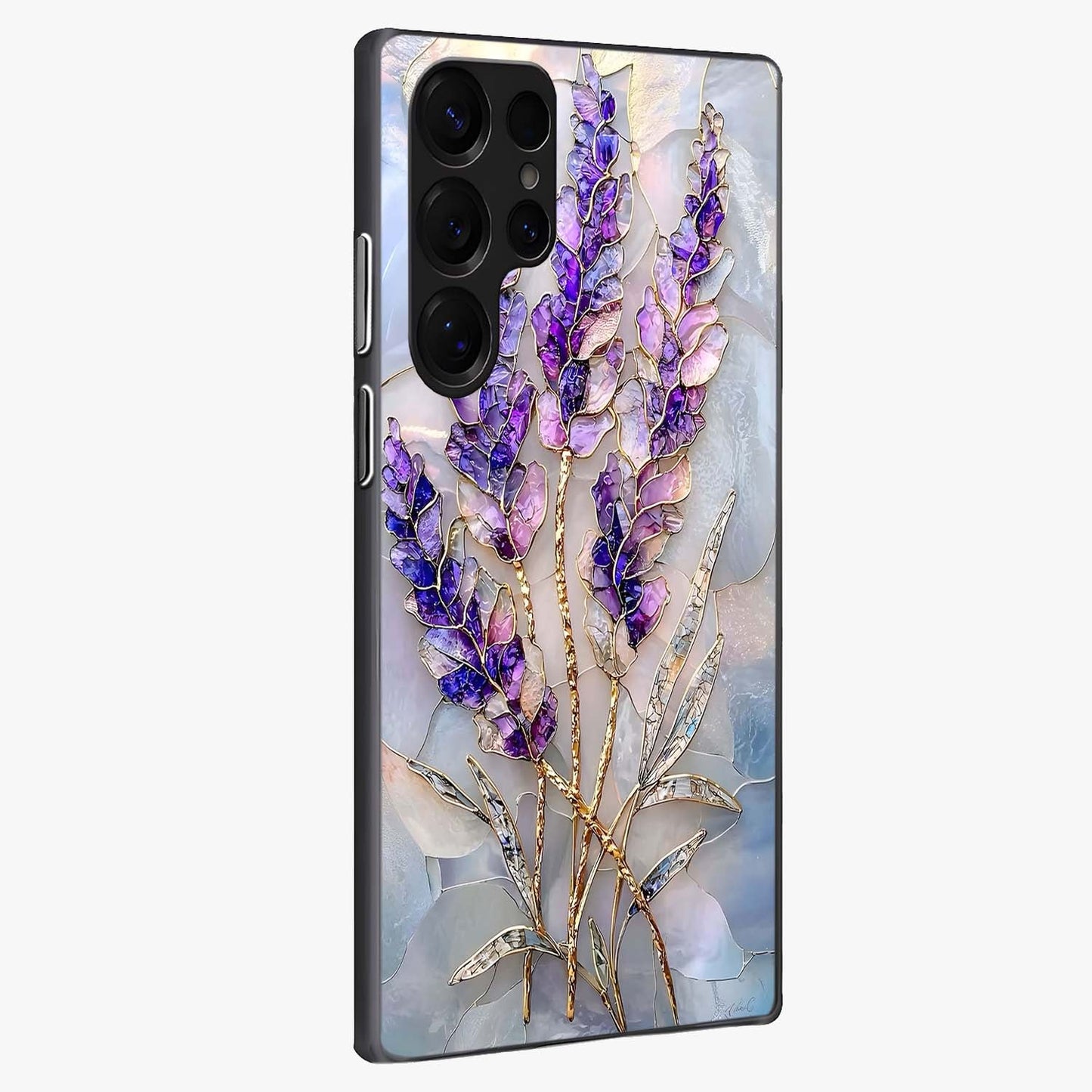 Lavender Dream Glow Glass Case upright view showcasing radiant lavender glow artwork with calming dreamy theme.