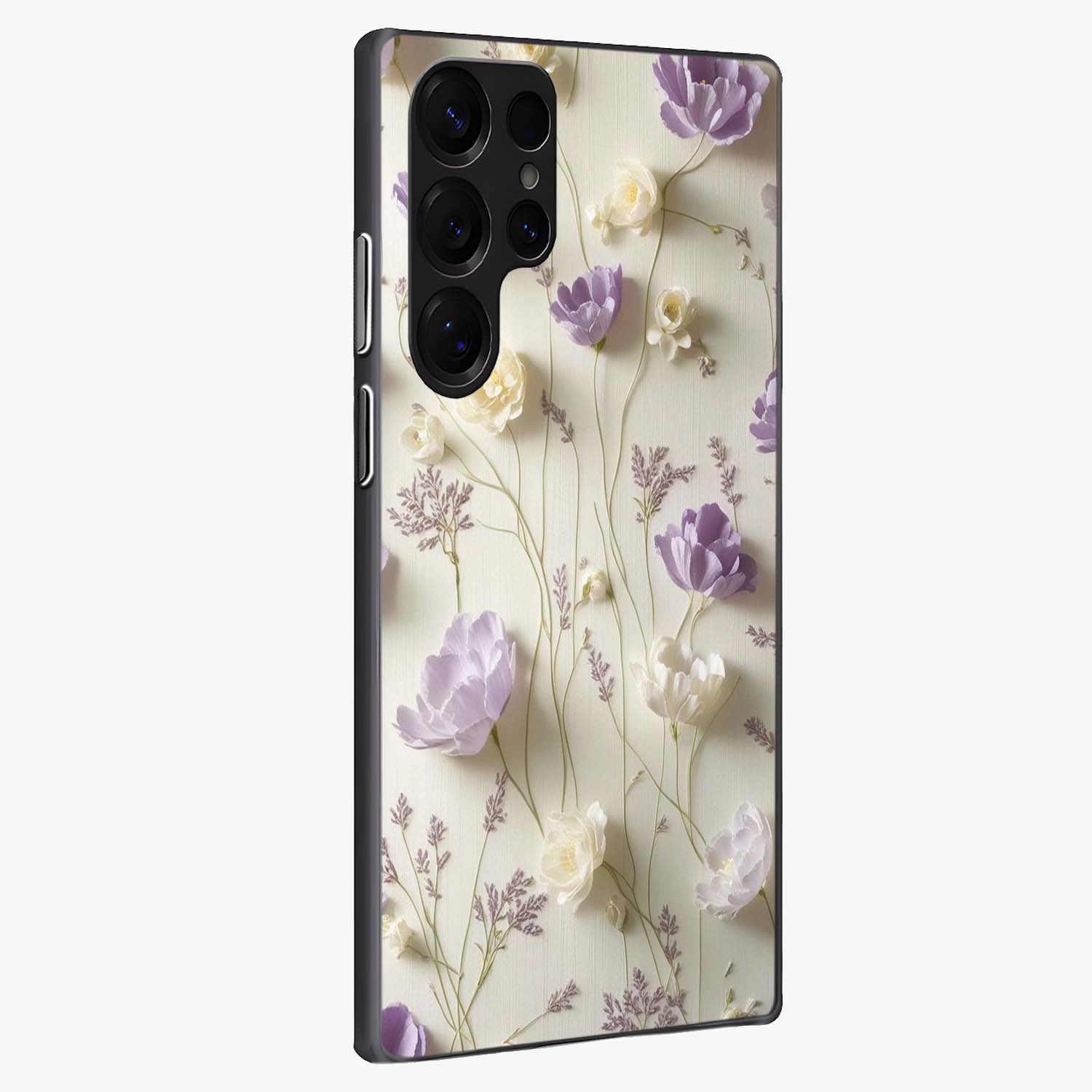 Lilac Breeze Harmony Glass Case upright view showcasing delicate lilac artwork with peaceful floral theme.