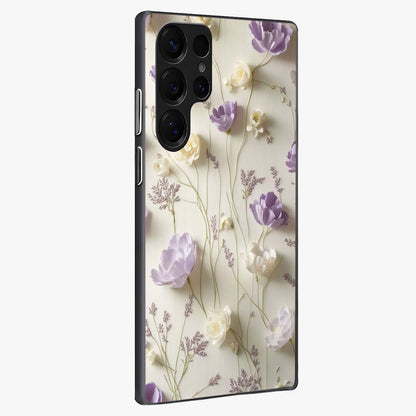Lilac Breeze Harmony Glass Case upright view showcasing delicate lilac artwork with peaceful floral theme.