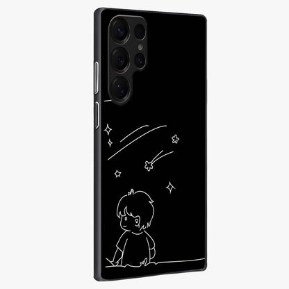 Line Art Boy With Shooting Stars Glass Case upright view showcasing artistic shooting star illustration with minimal style.