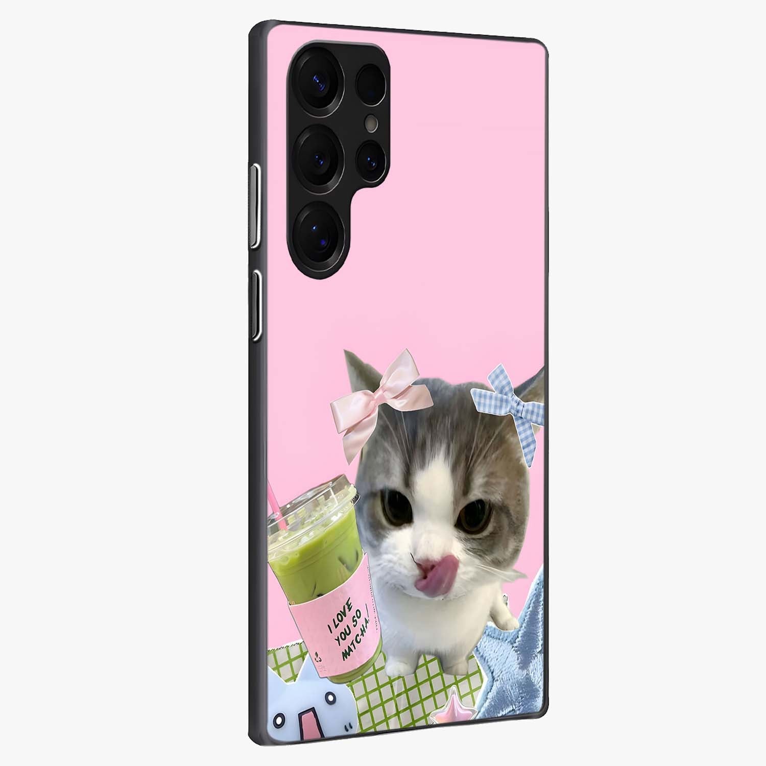 Love Matcha Cat Glass Case upright view showcasing adorable cat artwork with charming matcha themed design.