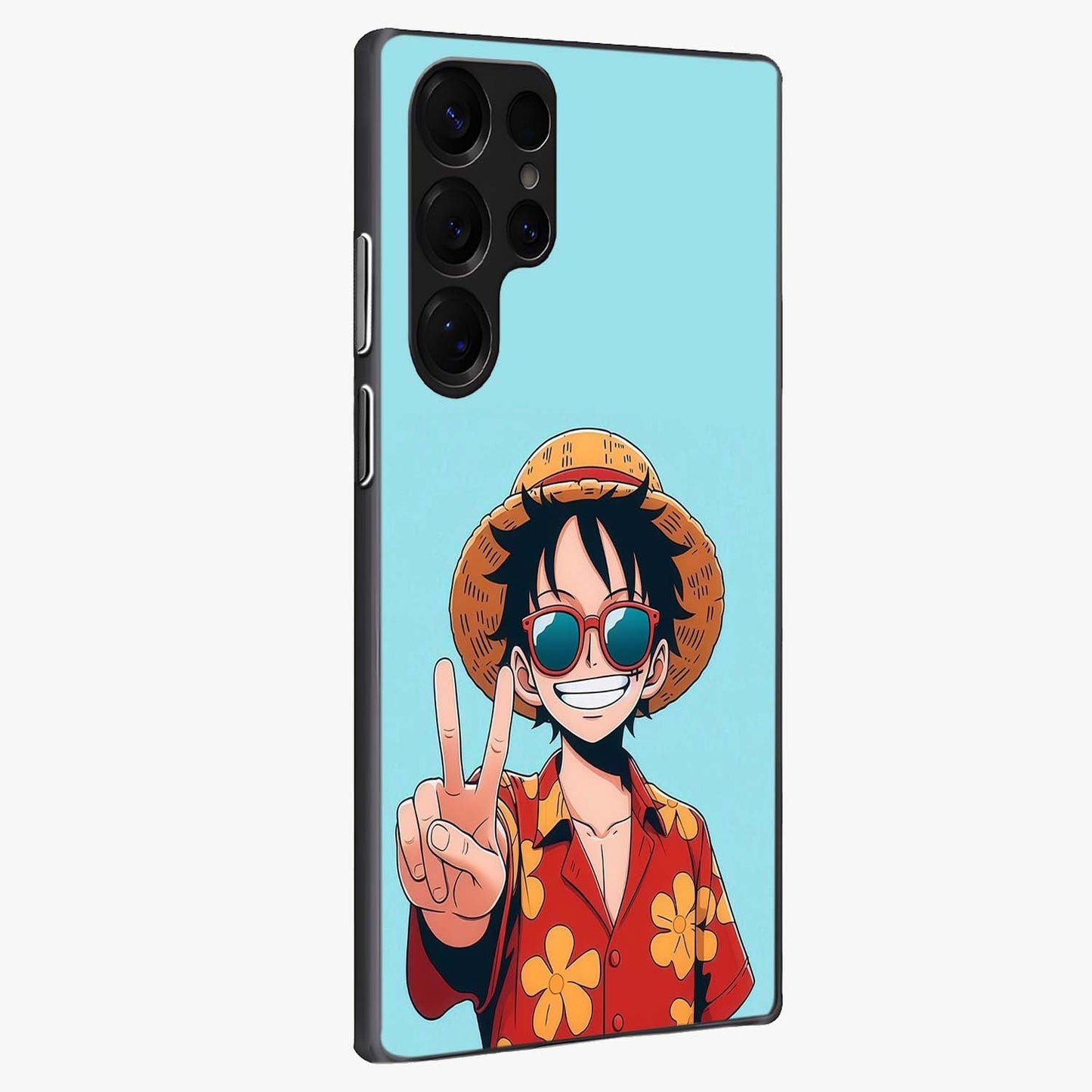 Luffy Summer Anime Vibe Glass Case upright view showcasing dynamic anime artwork with bright adventurous theme.
