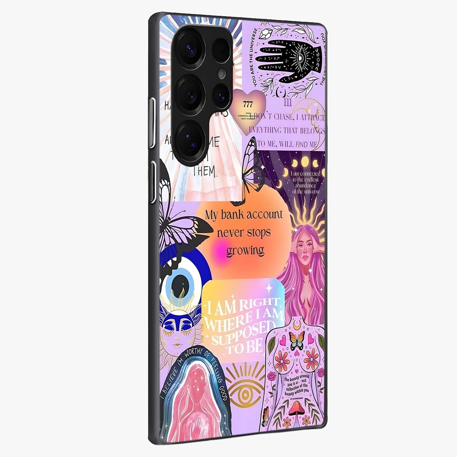 Manifestation Collage Glass Case upright view showcasing artistic manifestation themed artwork with creative style.